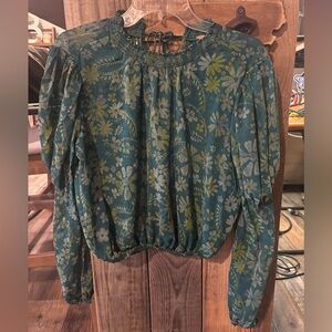 Free People Teal Floral Smocked-Neck Long Sleeve Blouse
